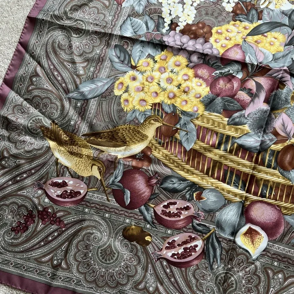 Vintage Brooks Brothers Scarf 100% Silk Italy Floral Fruit Birds Square 34
